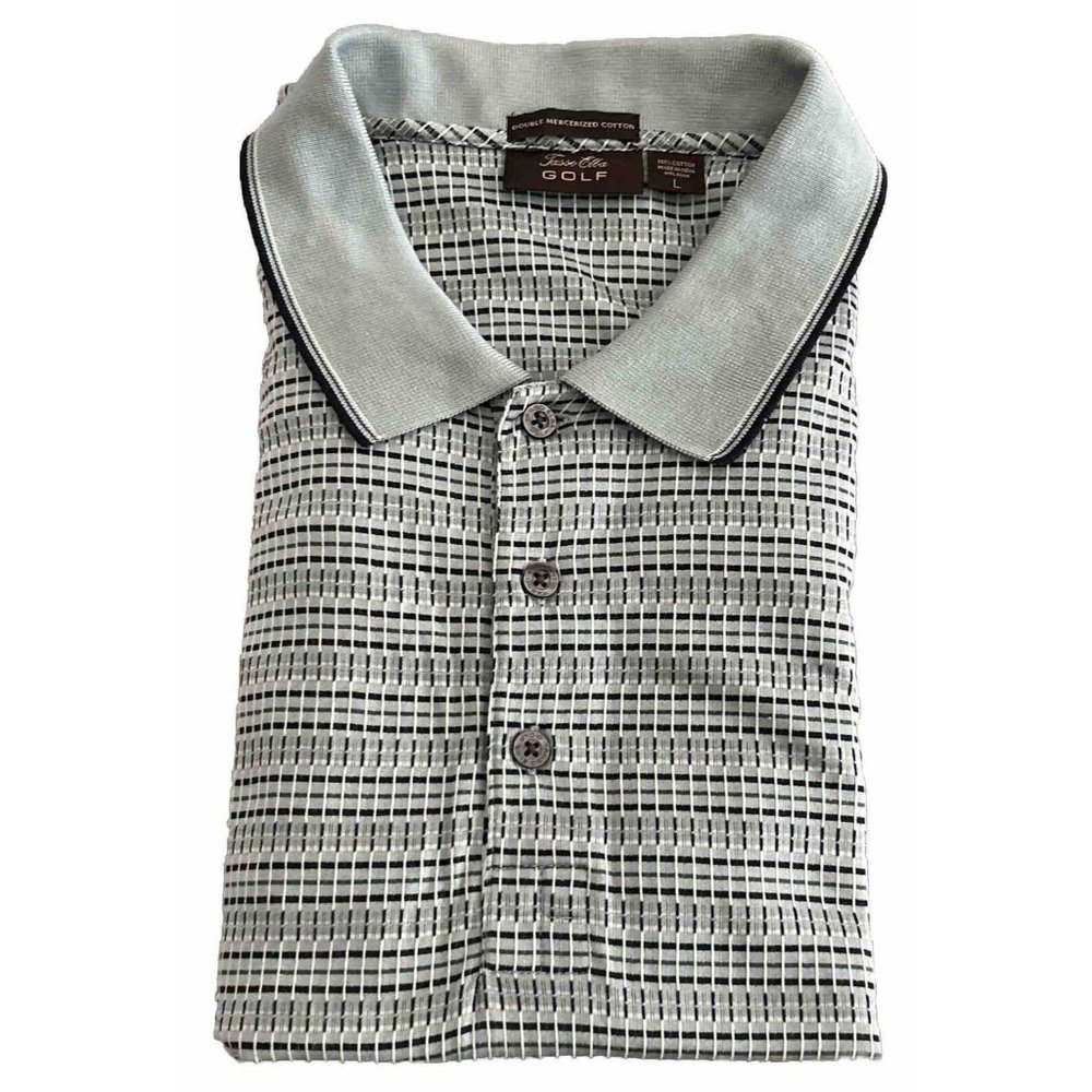Tasso Elba Golf Polo Shirt Men Large Grey Short Sleeve Black Striped 100% Cotton